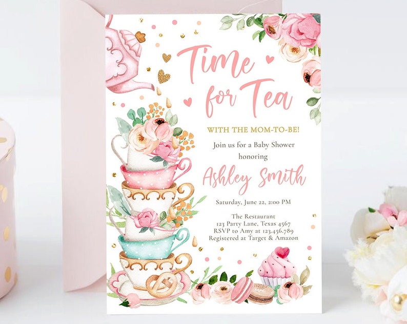 Editable Time For Tea Baby Shower Invitation Tea Party Sprinkle Shower Floral Pink Gold Blush Baby is Brewing Corjl Template