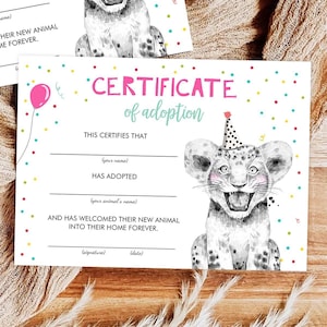 Certificado de adoção de filhote de tigre Animais de safári Adote um animal selvagem Festa de aniversário Animais Aniversariante Baixar impressão digital 0390