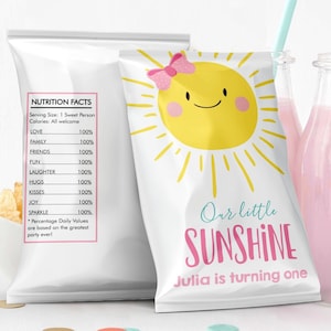 Bearbeitbar Our Little Sunshine Chip Bag Sun Geburtstagsparty 1. Erste Reise Rund um die Sonne Mädchen Rosa Digital Download Template Printable 0141