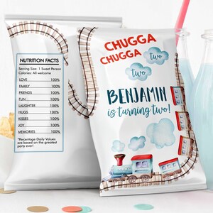 Editable Vintage Train Chip Bag Chugga Two Train Party Decor Train Party Snack Favors Potatoes Digital Download Template Printable 0149