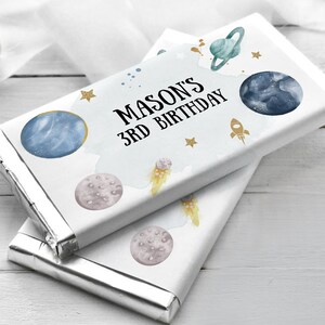 Etiquetas editables para barras de chocolate con temática espacial, envoltorios para barras de caramelo, planetas, astronautas, cohetes, cumpleaños de niño, descarga digital, plantilla imprimible 0357