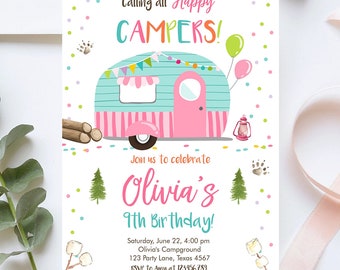 Editable Happy Camper Birthday Invitation Girl Pink Camping Party Pink Camper Glamping Digital Download Template Printable 0342