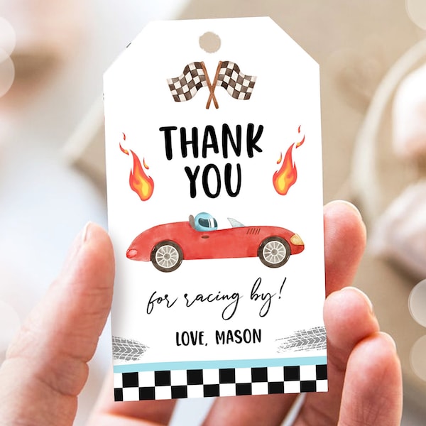 Editable Racing Favor Tag Race Car Birthday Thank You Label Growing Up Two Fast Gift Red Race Cars 2nd Digital Template Printable 0424