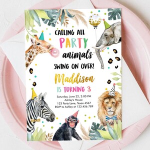 Editable Party Animals Birthday Invitation Wild One Animals Zoo Safari Animals Girl Digital Download Evite Template Printable 0417
