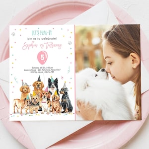 Editable Puppy Birthday Invitation Dogs Birthday Party Invite Pink Girl Watercolor Let&#39;s Pawty Dog Digital Download Template Printable 0384