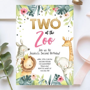 Editable Two in the Zoo Birthday Invitation Girl Animals Party Jungle Safari Pink Gold Two Wild Digital Download Template Printable 0163