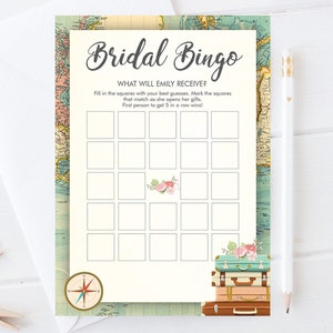 Editable Bridal Bingo Bridal Shower Game Travel Wedding Shower Activity Rustic Suitcases Vintage Map Party Corjl Template Printable 0044