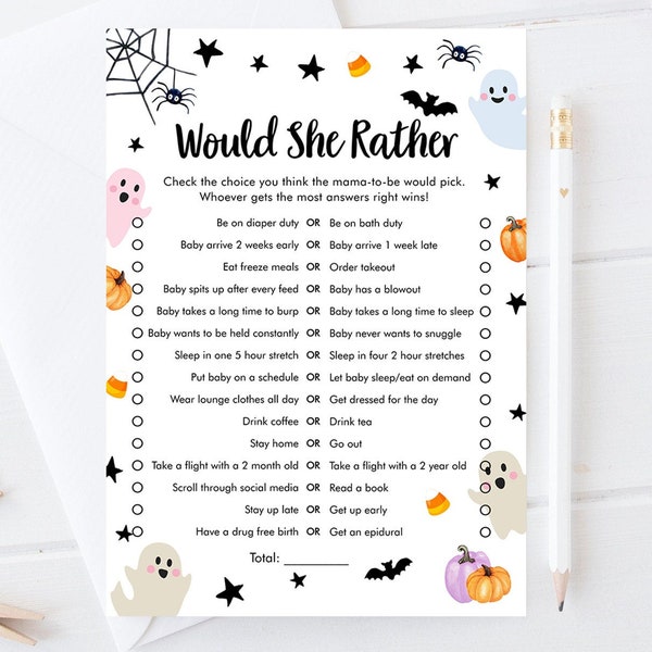 Redigerbar Would She Rather babyshower-lek Little Boo babyshower Halloween babyshower-aktivitet Spökgissning digital mall utskrivbar 0418