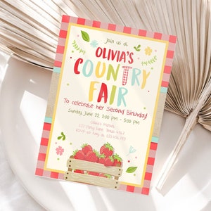 Editable Country Fair invitation Red Gingham Strawberry Home Grown Veggies Farm Fruits Market Download Printable Invite Template Corjl 0223 image 1