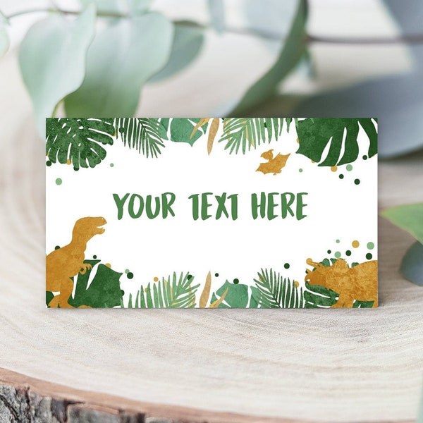 Editable Dinosaur Food Labels Dinosaur Party Place Card Tent Card Escort Card Green and Gold Dino Birthday Boy T-Rex Corjl Template 0146