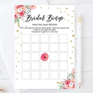 Juego de bingo editable para despedida de soltera Actividad para despedida de soltera Confeti floral rosa y dorado Flores de viaje Plantilla digital imprimible 0030 0318