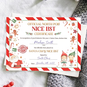Certificato di lista ufficiale dei buoni di Babbo Natale modificabile Lettera dalla scrivania Babbo Natale Vigilia di Natale Polo Nord Corjl Modello stampabile 0358