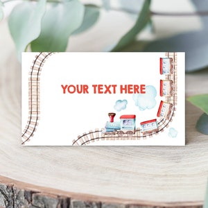 Etiquetas de comida de tren editables, tarjeta de lugar de tren, tarjeta de tienda, tren de buffet, cumpleaños de niño, decoración de tren vintage rojo y azul, plantilla de Chugga imprimible 0149