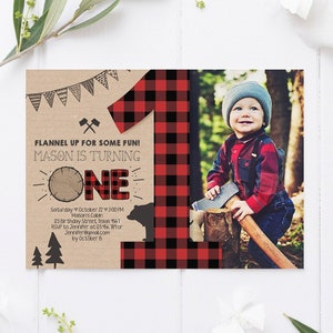 Editable Lumberjack Birthday Invitation Rustic Woodland Birthday Bear Forest Red Plaid Instant Download Printable Template Corjl 0026