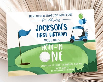 Editable Hole in One Birthday Invitation Golf First Birthday Par-tee Golf Boy Golfing Digital Download Evite Template Printable 0405