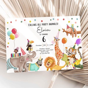 Bearbeitbar Calling All Party Animals Geburtstagseinladung Wild One Dschungel Zoo Safari Tiere Junge Mädchen Digitale Evite Template Printable 0482