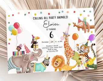 Editable Calling All Party Animals Birthday Invitation Wild One Jungle Zoo Safari Animals Boy Girl Digital Evite Template Printable 0482