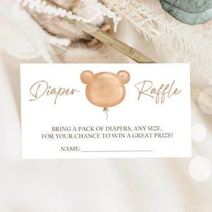 Modifiable Boho nounours couche-culotte billet de tombola ours baby shower Insert carte jeu de couches-culotte neutre Bearly attendre modèle imprimable Corjl 0439