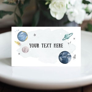 Editable Food Labels Outer Space Birthday Galaxy Food Labels Place Card Tent Card Astronaut Around the Sun Silver Boy Template Corjl 0357