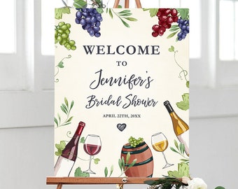 Editable Wine Welcome Sign Couples Shower Welcome Cheers to Love Brunch Bubbly Grapes Bottle White Red Floral Corjl Template Printable 0234