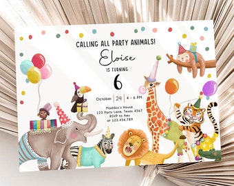 Bewerkbare oproep alle feestbeesten verjaardagsuitnodiging Wild One Jungle Zoo Safari dieren jongen meisje Download afdrukbare Corjl sjabloon 0482