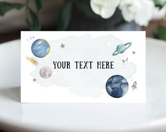 Editable Food Labels Outer Space Birthday Galaxy Food Labels Place Card Tent Card Astronaut Around the Sun Silver Boy Template Corjl 0357