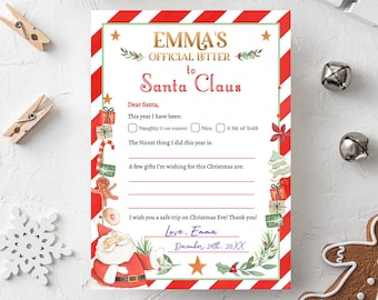 May include: A festive Christmas letter to Santa Claus with red and white striped borders, featuring text and illustrations. The letter includes fill-in-the-blank sections for the child's behavior and gift wishes. Decorative elements include a gingerbread man and snowflakes.