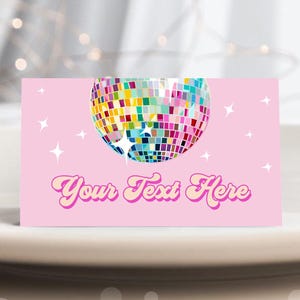 Etiqueta de comida de discoteca editável Let's Disco 70s Party Birthday Shower Place Card Tent Buffet Pink Girl Retro Digital Template Printable 0501