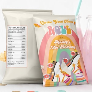 Editable Roller Skate Party Chip Bag Skating Party Decor Girl Rainbow Birthday Roller Rink Party Snack Favor Digital Template Printable 0435