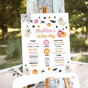 Cartello modificabile per le pietre miliari del compleanno di Halloween, fantasma, spettrale, festa del primo compleanno, spettrale, rosa, modello di statistiche, stampabile, Corjl 0418
