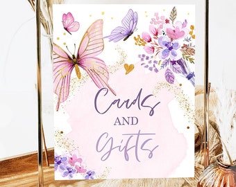 Butterfly Baby Shower Sign Cards and Gifts Table Decor Floral Butterfly Birthday Table Decor Girl Purple Digital Download Printable 0437