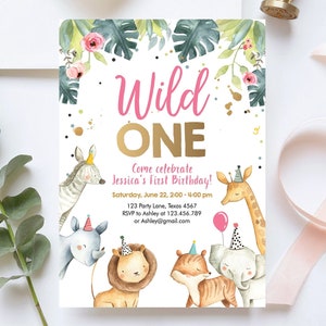 Editable Wild One Birthday Invitation Girl Safari Animals Invite Pink and Gold Party Animals Digital Download Corjl Template Printable 0163