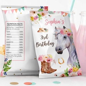 Editable Horse Chip Bag Cowgirl Birthday Party Decor Girl Pony Saddle Up Pink Floral Horse Snack Digital Download Template Printable 0408