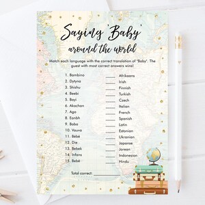 Bewerkbare gezegde Baby Around the World Babyshower Game Card Reizen Avontuur Reis Activiteit Afdrukbare downloadsjabloon Corjl 0263