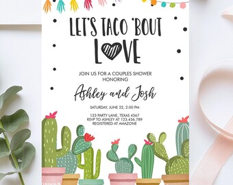 Editable Taco Bout Love Couples Shower Invitation Bridal Fiesta Cactus Succulent Mexican Green Pink Digital Download Template Printable 0254