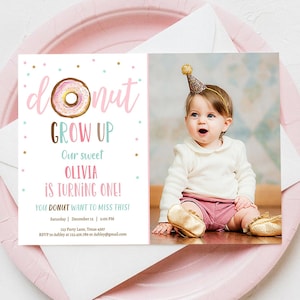 Editable Donut Grow Up Birthday Invitation First Birthday Pink Girl Sweet One Watercolor Digital Download Evite Template Printable 0368