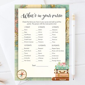 May include: A printable game card with a vintage world map background. The card has a list of items to find in a purse, with points assigned to each item. The game is titled "What's in your purse?" and includes a total score section.