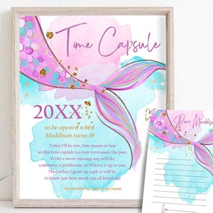 Editable Mermaid Time Capsule First Birthday Party Watercolor Mermaid Tail Pink Gold Purple Guestbook Digital Template Printable 0403
