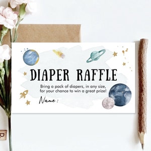 Biglietto della lotteria dei pannolini per lo spazio modificabile Baby shower spaziale Astronauta Pianeti Galassia Scheda di registro Modello di gioco dei pannolini STAMPABILE Corjl 0357