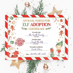 Certificado de adopción de elfo editable Carta de adopción de elfo Actividad de elfo Certificado de elfo navideño Plantilla de Corjl para imprimir en el Polo Norte de Papá Noel 0358
