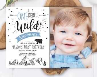 Editable A Onederful Wild Adventure First Birthday Invitation Wild Things Boy Bear Outdoor 1st Blue Photo Digital Template Printable 0083