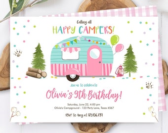 Editable Happy Camper Birthday Invitation Girl Pink Camping Party Pink Camper Glamping Digital Download Evite Template Printable 0342