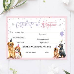 Pet Adoption Certificate Puppy Adoption Dog Birthday Party Adopt A Pet Girl Pink Vet Puppy Adoption Instant Download Digital Printable 0384