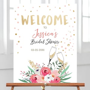 Editable Brunch and Bubbly Welcome Sign Bridal Shower Pink Floral Flowers Gold Confetti Champagne Digital Download Template Printable 0318