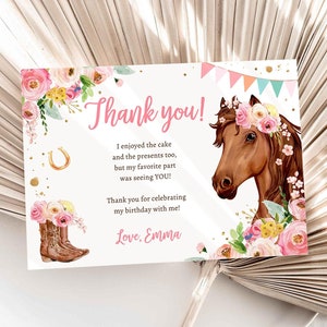 Editable Horse Thank You Card Note Girl Birthday Party Cowgirl Watercolor Pink Floral Saddle Up Download Printable Corjl Template 0408