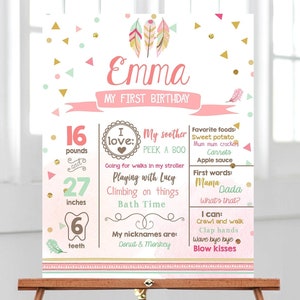 Editable Wild One Birthday Milestone Poster Sign Boho Tribal Feathers First Birthday 1s Girl Pink Digital Download Template Printable 0073