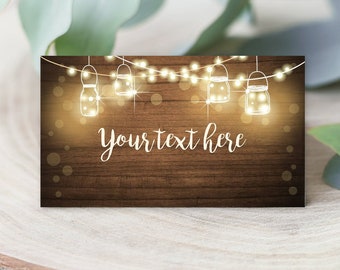 Editable Rustic Wood Food Label String Lights Rustic Boho Table Tent Card Escort Card Buffet Wedding Bridal Baby Shower Corjl Template 0015