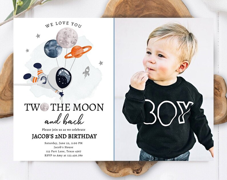 Editable Two the Moon Outer Space Birthday Invitation Out of this World Astronaut Blue Orange Boy Second 2nd Corjl Template