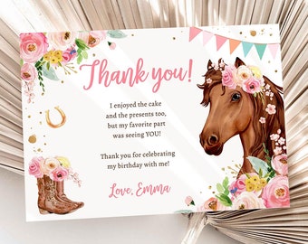 Editable Horse Thank You Card Note Girl Birthday Party Cowgirl Watercolor Pink Floral Saddle Up Download Printable Corjl Template 0408