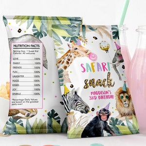 Sacchetto di patatine modificabile per feste, animali del safari, decorazioni per compleanno, zoo per bambine, snack rosa per safari, modello digitale stampabile Wild One Four 4th 0417